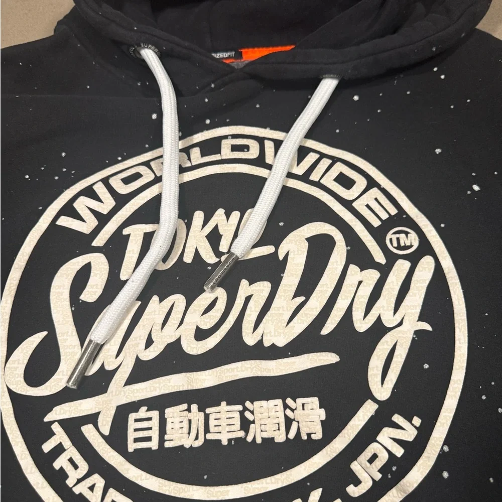 Superdry Black Pullover Hoodie with White Logo and Paint-Splatter - Picture 3 of 9